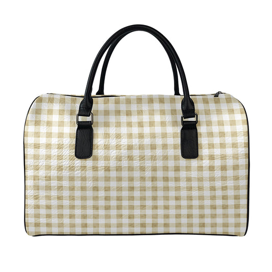 Beige And White Gingham Pattern Print Leather Duffle Bag