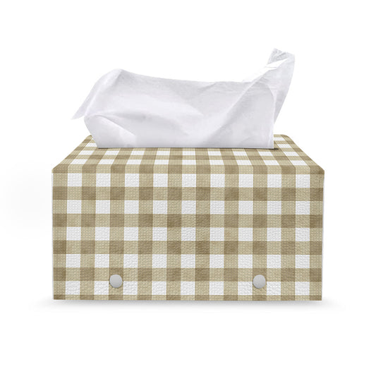 Beige And White Gingham Pattern Print Leather Tissue Box Cover