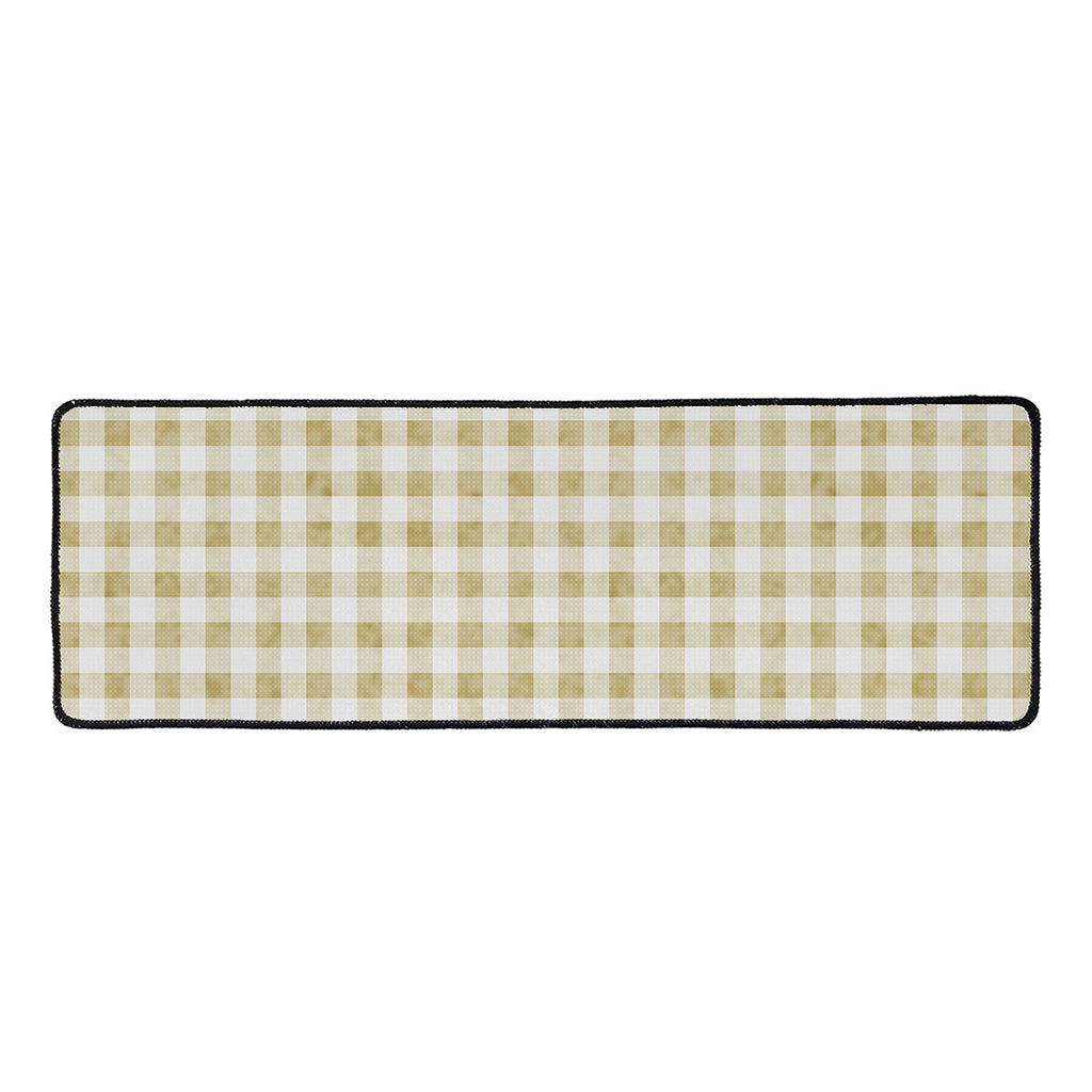 Beige And White Gingham Pattern Print Long Kitchen Mat
