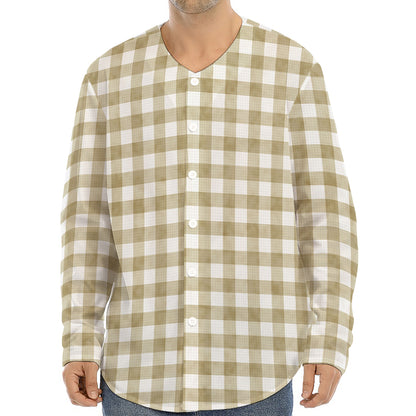 Beige And White Gingham Pattern Print Long Sleeve Baseball Jersey