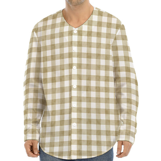Beige And White Gingham Pattern Print Long Sleeve Baseball Jersey