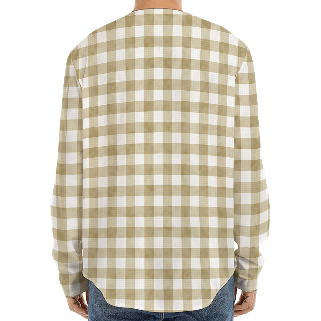 Beige And White Gingham Pattern Print Long Sleeve Baseball Jersey