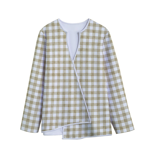 Beige And White Gingham Pattern Print Long Sleeve Short Coat