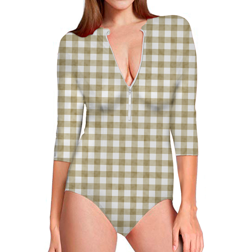 Beige And White Gingham Pattern Print Long Sleeve Swimsuit