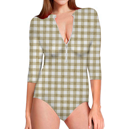 Beige And White Gingham Pattern Print Long Sleeve Swimsuit