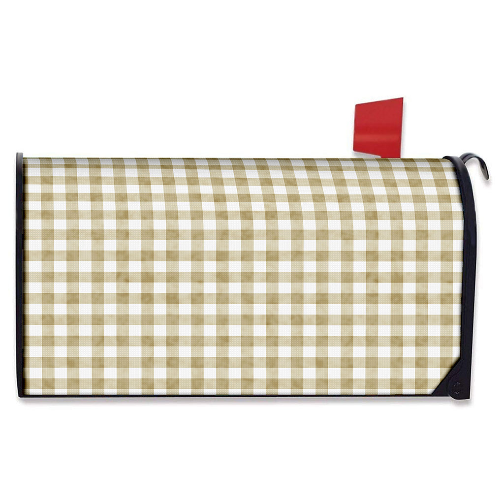 Beige And White Gingham Pattern Print Mailbox Cover