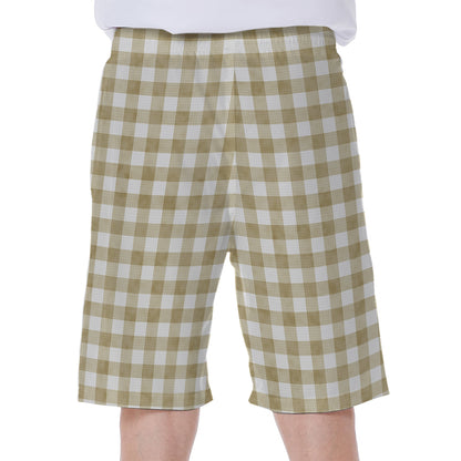 Beige And White Gingham Pattern Print Men's Beach Shorts