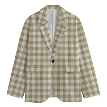 Beige And White Gingham Pattern Print Men's Blazer