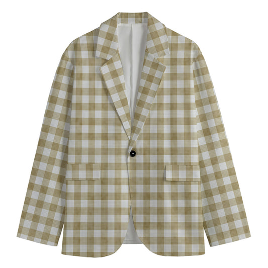 Beige And White Gingham Pattern Print Men's Blazer