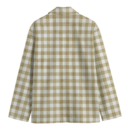 Beige And White Gingham Pattern Print Men's Blazer