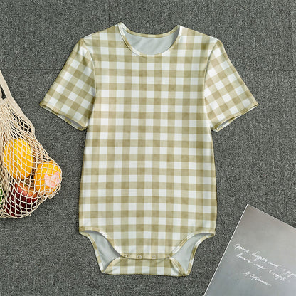 Beige And White Gingham Pattern Print Men's Bodysuit