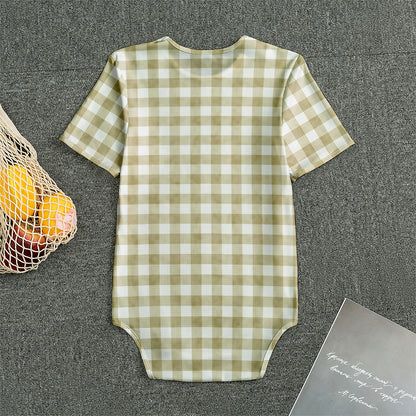 Beige And White Gingham Pattern Print Men's Bodysuit