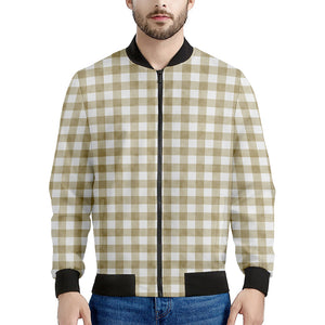 Beige And White Gingham Pattern Print Men's Bomber Jacket