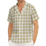 Beige And White Gingham Pattern Print Men's Deep V-Neck Shirt