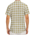 Beige And White Gingham Pattern Print Men's Deep V-Neck Shirt