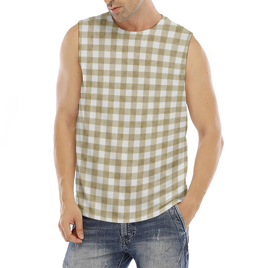 Beige And White Gingham Pattern Print Men's Fitness Tank Top