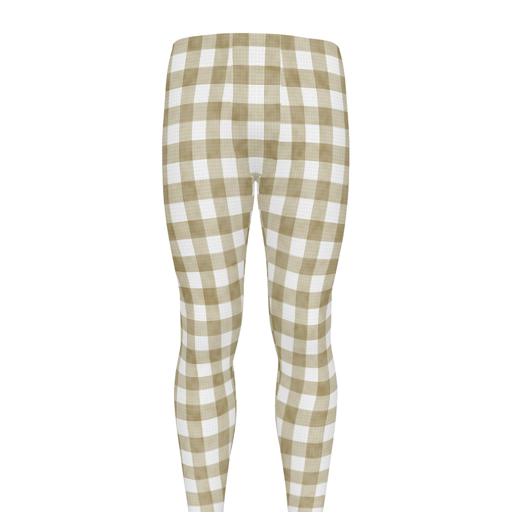 Beige And White Gingham Pattern Print Men's leggings