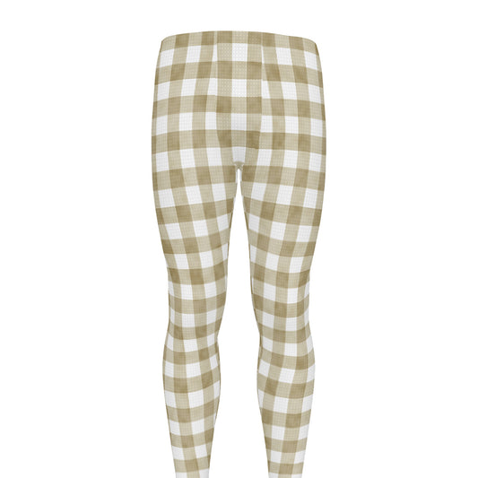 Beige And White Gingham Pattern Print Men's leggings