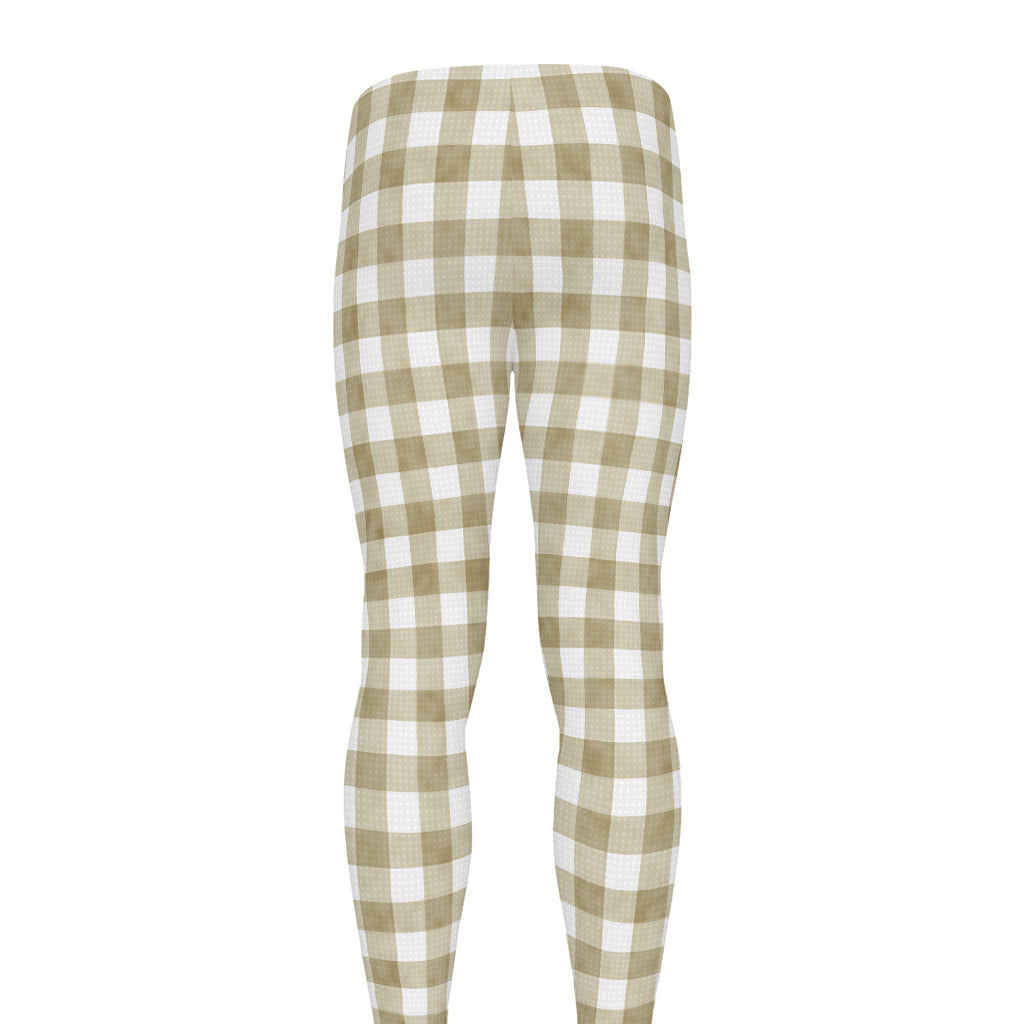 Beige And White Gingham Pattern Print Men's leggings