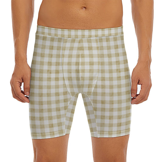 Beige And White Gingham Pattern Print Men's Long Boxer Briefs