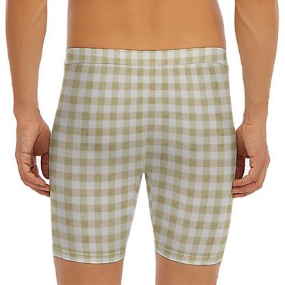 Beige And White Gingham Pattern Print Men's Long Boxer Briefs