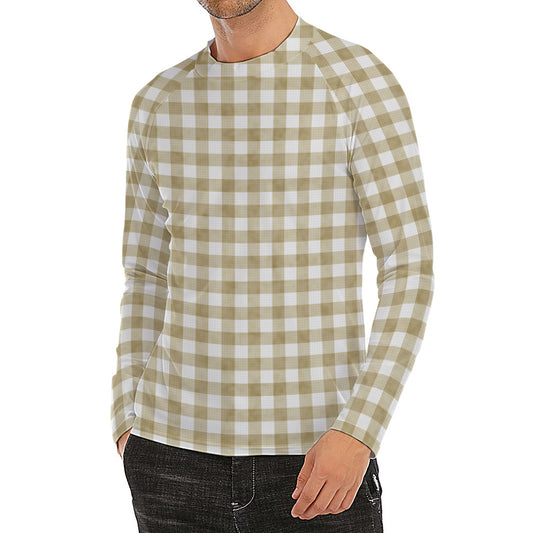 Beige And White Gingham Pattern Print Men's Long Sleeve Rash Guard