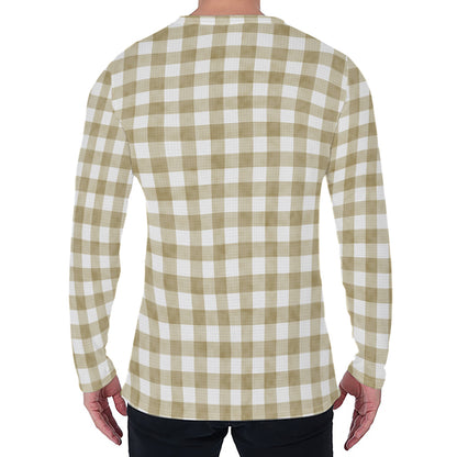 Beige And White Gingham Pattern Print Men's Long Sleeve T-Shirt