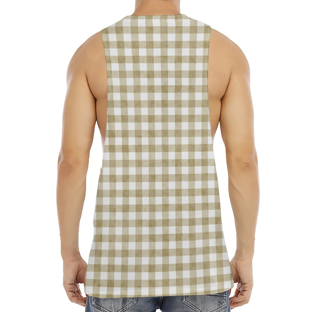 Beige And White Gingham Pattern Print Men's Muscle Tank Top