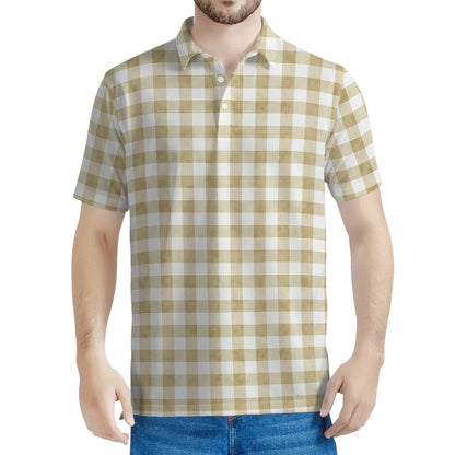 Beige And White Gingham Pattern Print Men's Polo Shirt