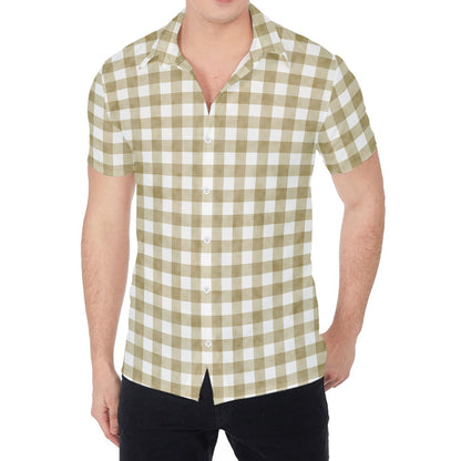 Beige And White Gingham Pattern Print Men's Shirt