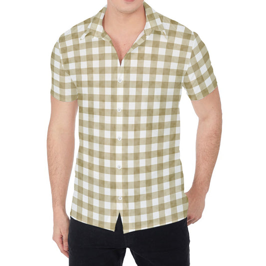Beige And White Gingham Pattern Print Men's Shirt