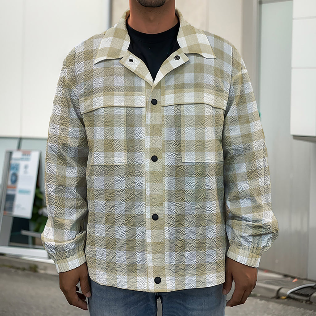 Beige And White Gingham Pattern Print Men's Shirt Jacket