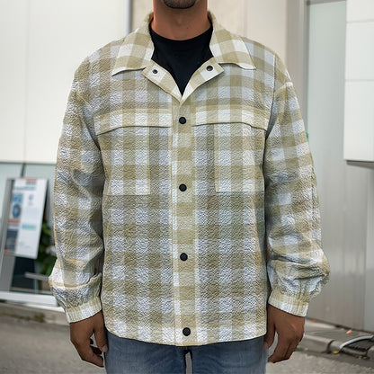 Beige And White Gingham Pattern Print Men's Shirt Jacket