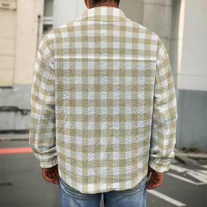 Beige And White Gingham Pattern Print Men's Shirt Jacket