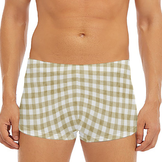 Beige And White Gingham Pattern Print Men's Short Boxer Briefs