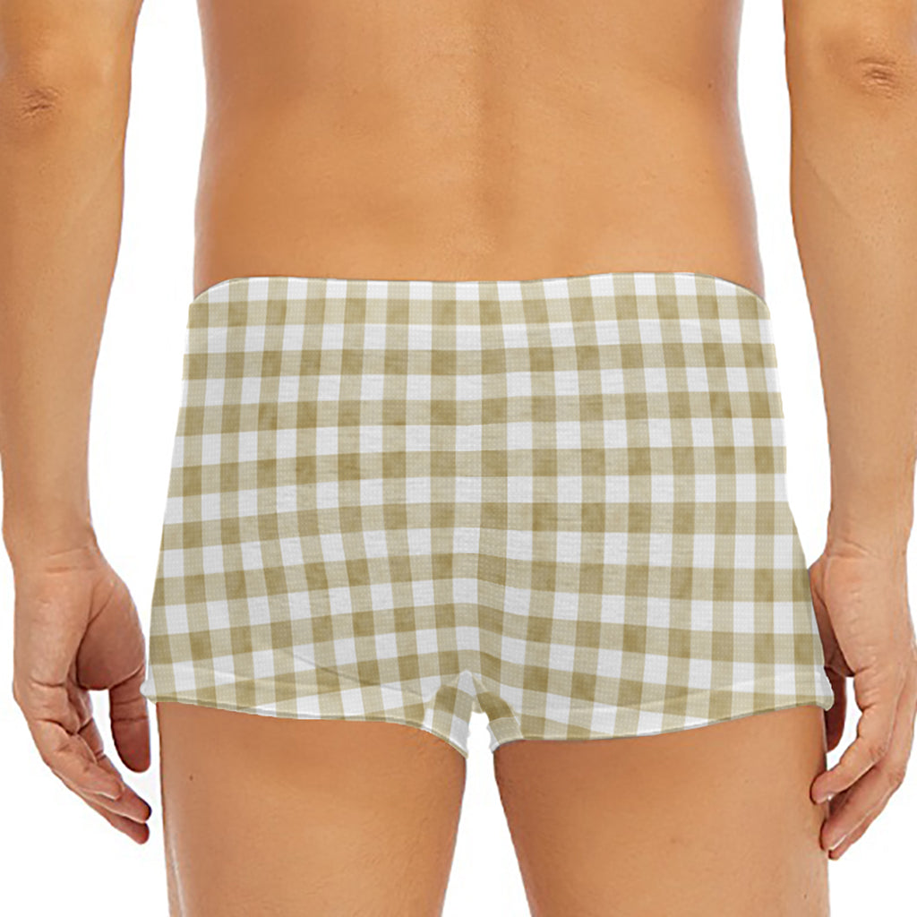 Beige And White Gingham Pattern Print Men's Short Boxer Briefs