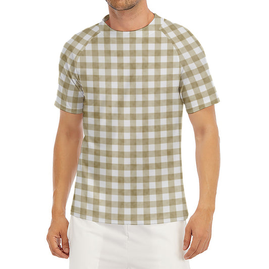 Beige And White Gingham Pattern Print Men's Short Sleeve Rash Guard