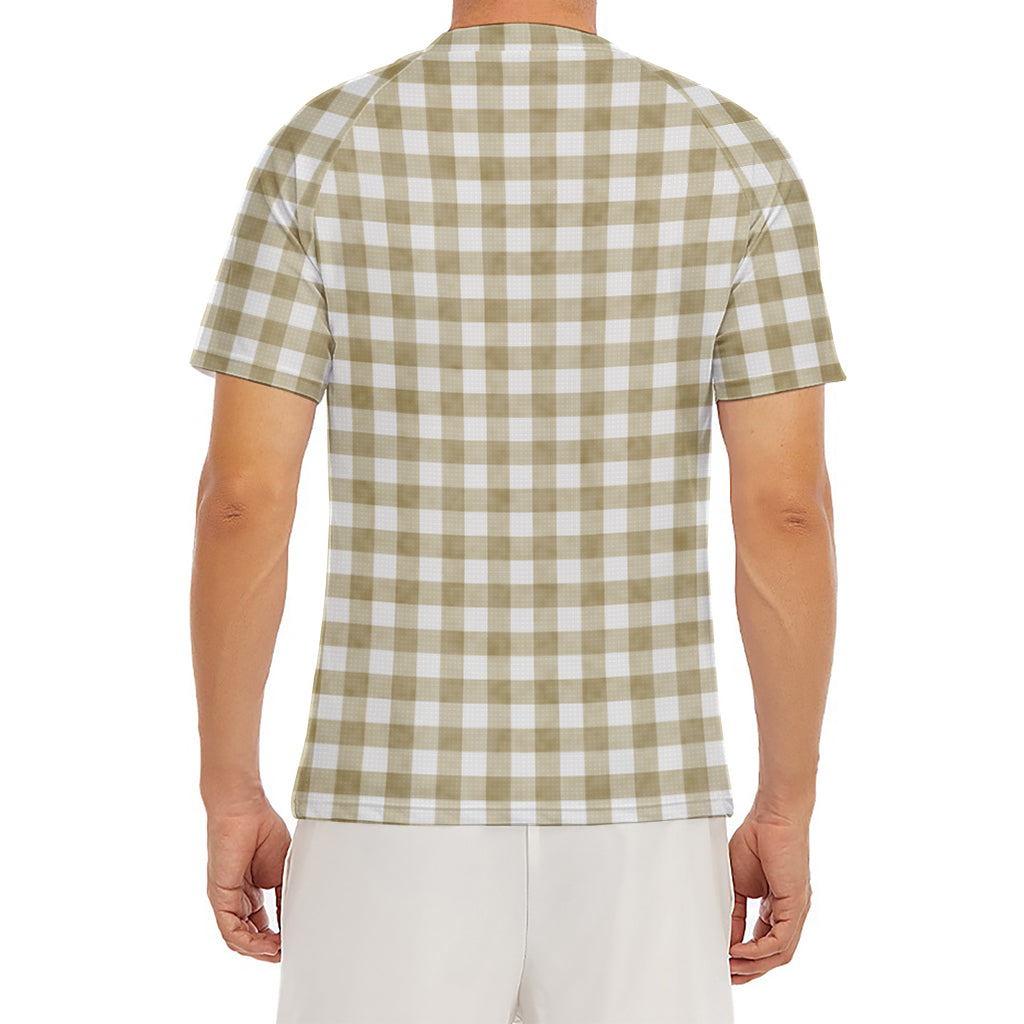 Beige And White Gingham Pattern Print Men's Short Sleeve Rash Guard