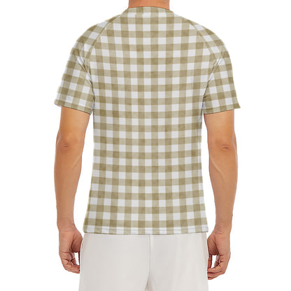 Beige And White Gingham Pattern Print Men's Short Sleeve Rash Guard