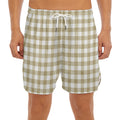 Beige And White Gingham Pattern Print Men's Split Running Shorts