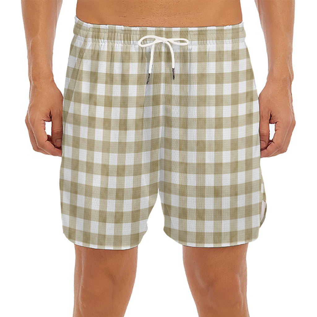 Beige And White Gingham Pattern Print Men's Split Running Shorts