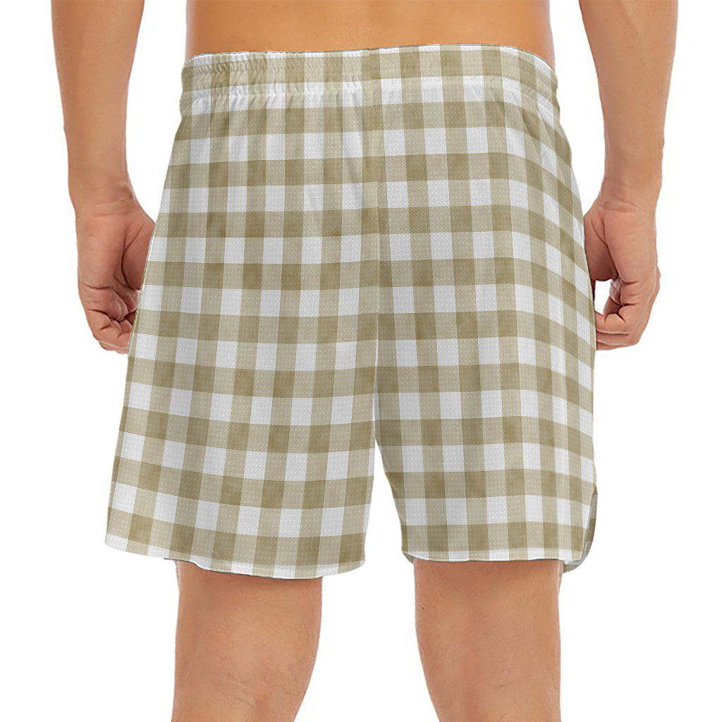 Beige And White Gingham Pattern Print Men's Split Running Shorts