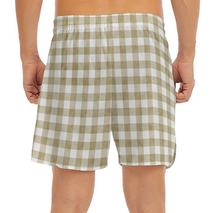 Beige And White Gingham Pattern Print Men's Split Running Shorts