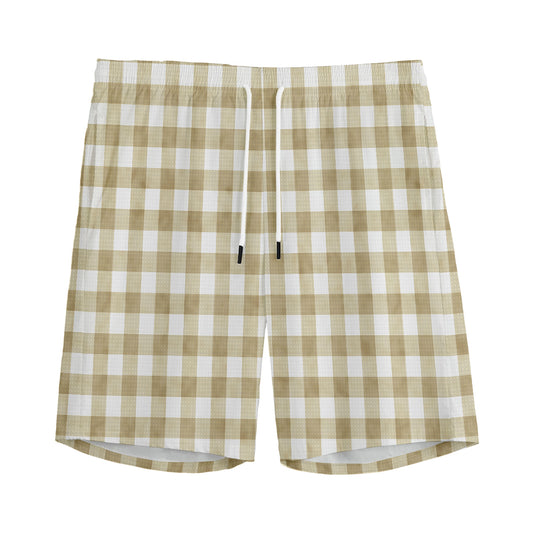 Beige And White Gingham Pattern Print Men's Sports Shorts