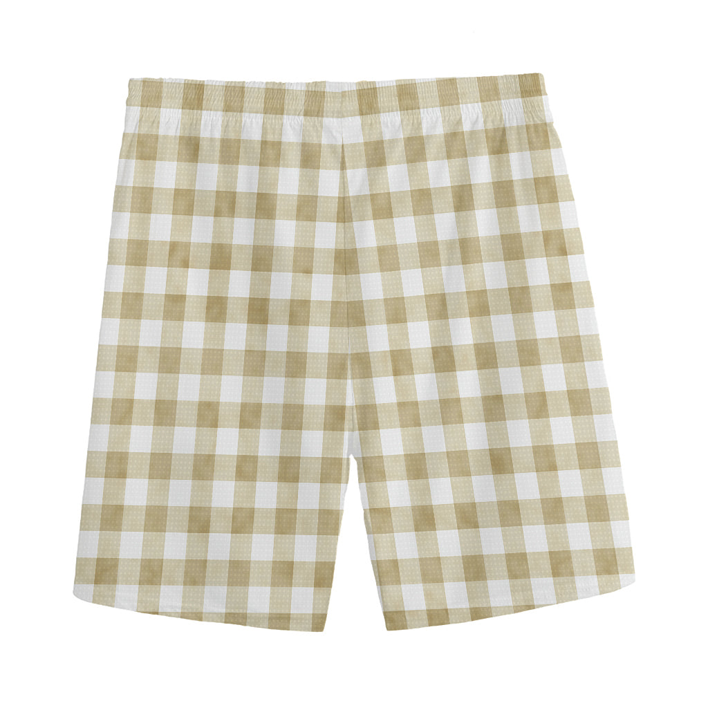Beige And White Gingham Pattern Print Men's Sports Shorts