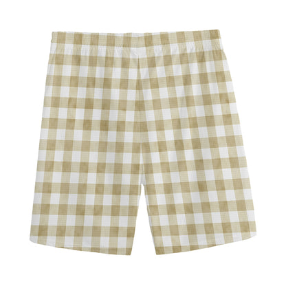 Beige And White Gingham Pattern Print Men's Sports Shorts