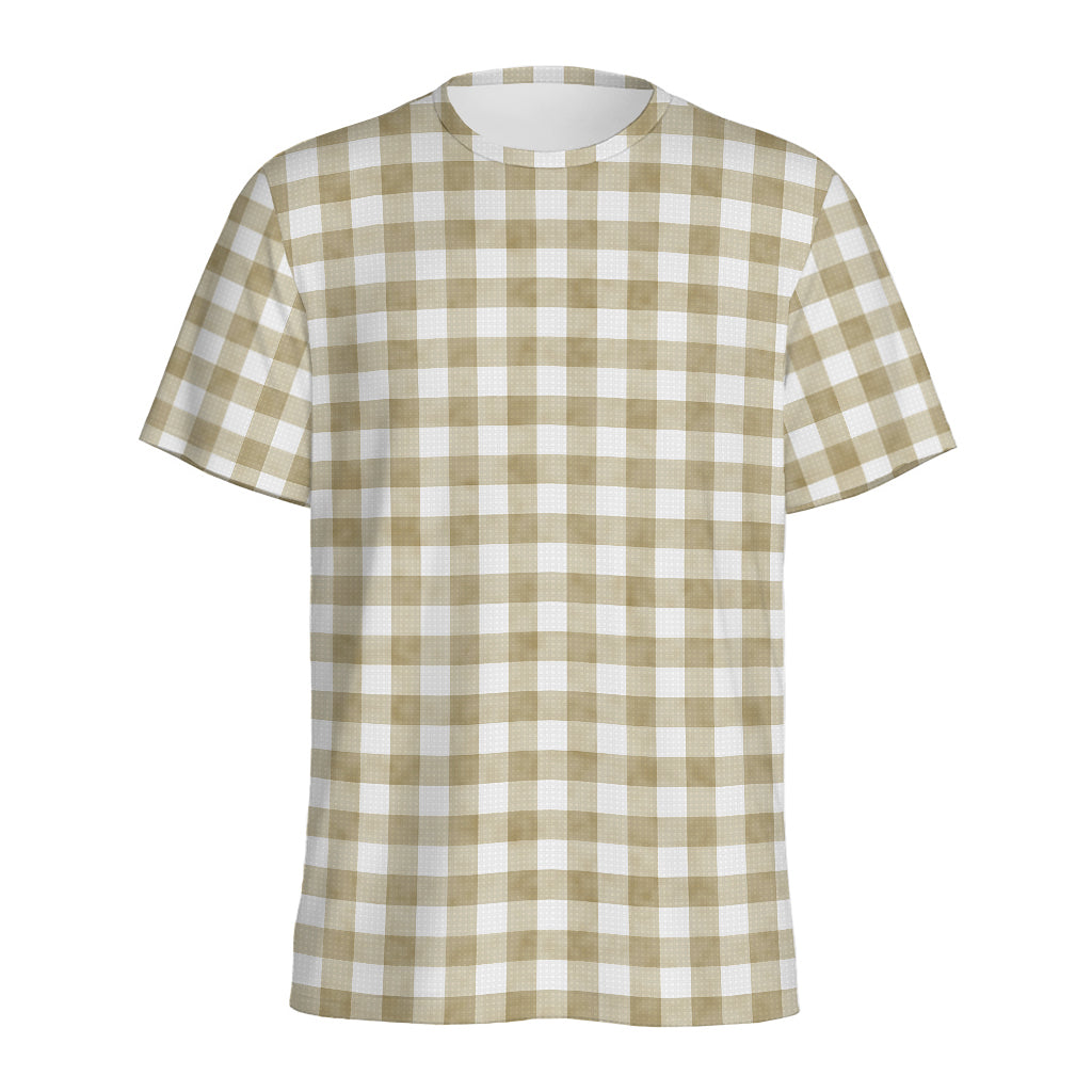 Beige And White Gingham Pattern Print Men's Sports T-Shirt