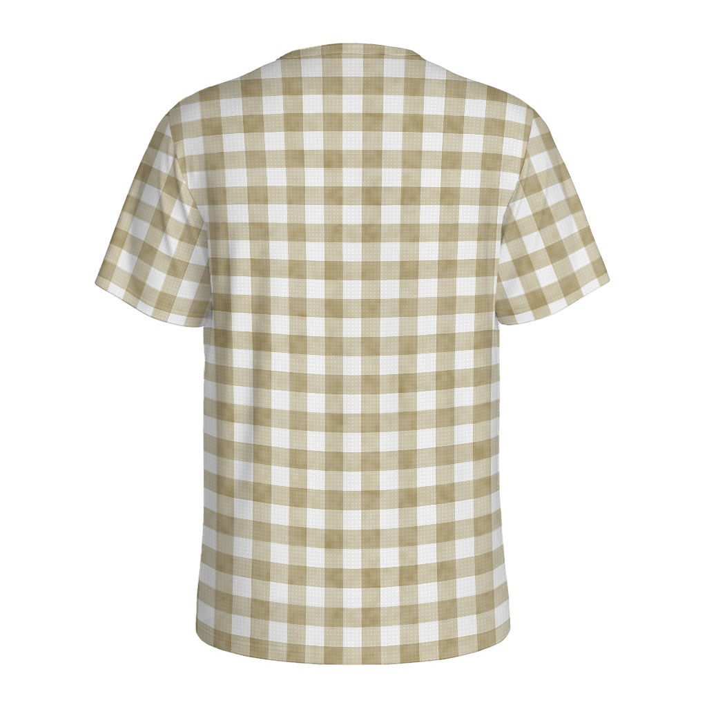 Beige And White Gingham Pattern Print Men's Sports T-Shirt