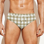 Beige And White Gingham Pattern Print Men's Swim Briefs