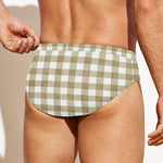 Beige And White Gingham Pattern Print Men's Swim Briefs